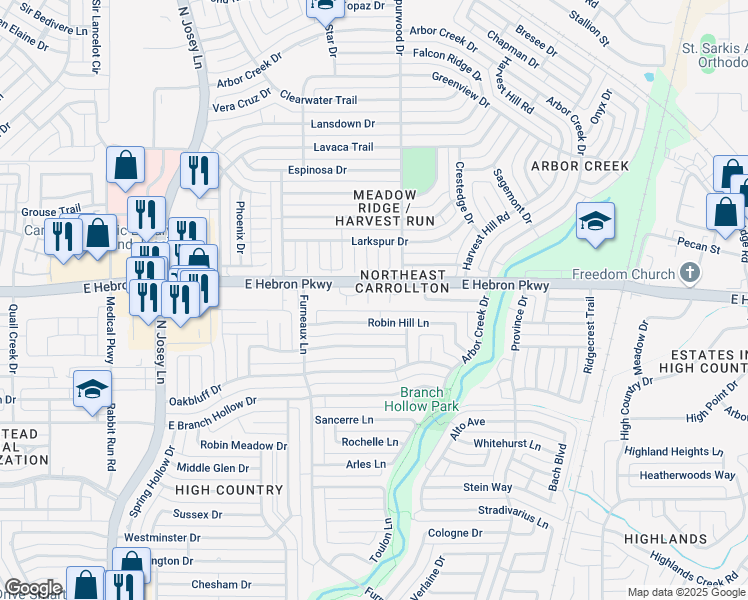 map of restaurants, bars, coffee shops, grocery stores, and more near 2044 East Hebron Parkway in Carrollton