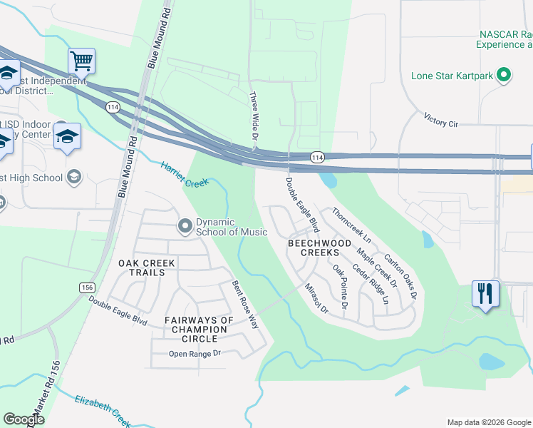 map of restaurants, bars, coffee shops, grocery stores, and more near 15953 BlakeTree Drive in Fort Worth