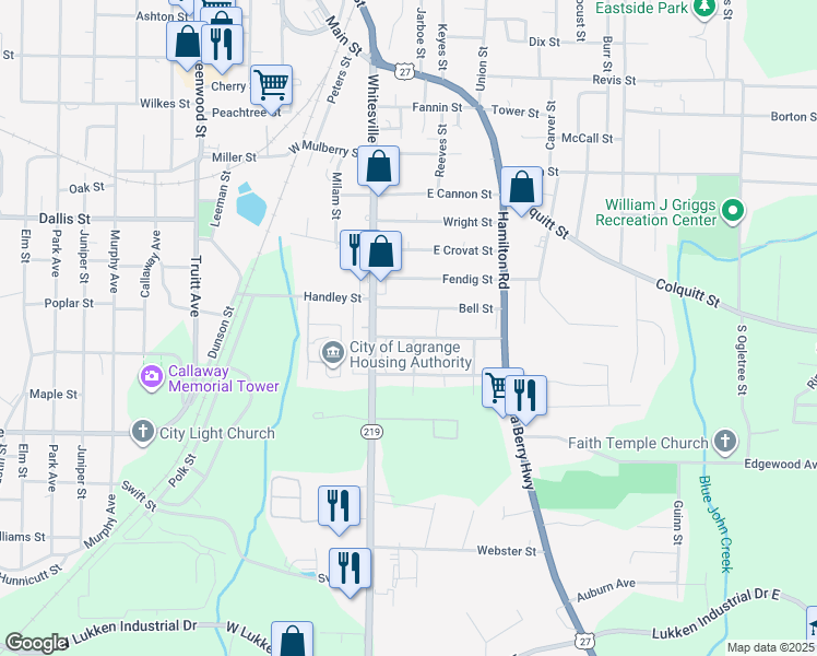 map of restaurants, bars, coffee shops, grocery stores, and more near 109 Cedar Street in LaGrange