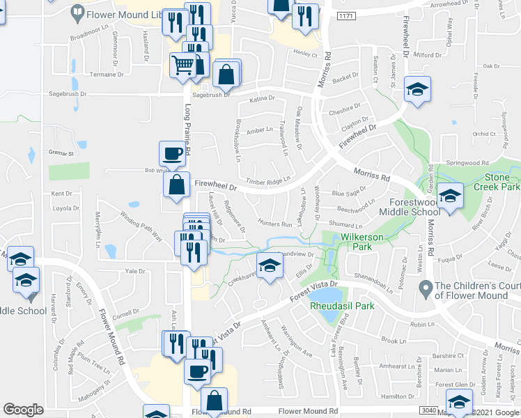 map of restaurants, bars, coffee shops, grocery stores, and more near 2412 Hunters Run in Flower Mound