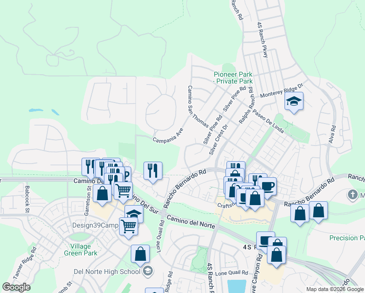 map of restaurants, bars, coffee shops, grocery stores, and more near 16966 Silver Crest Lane in San Diego