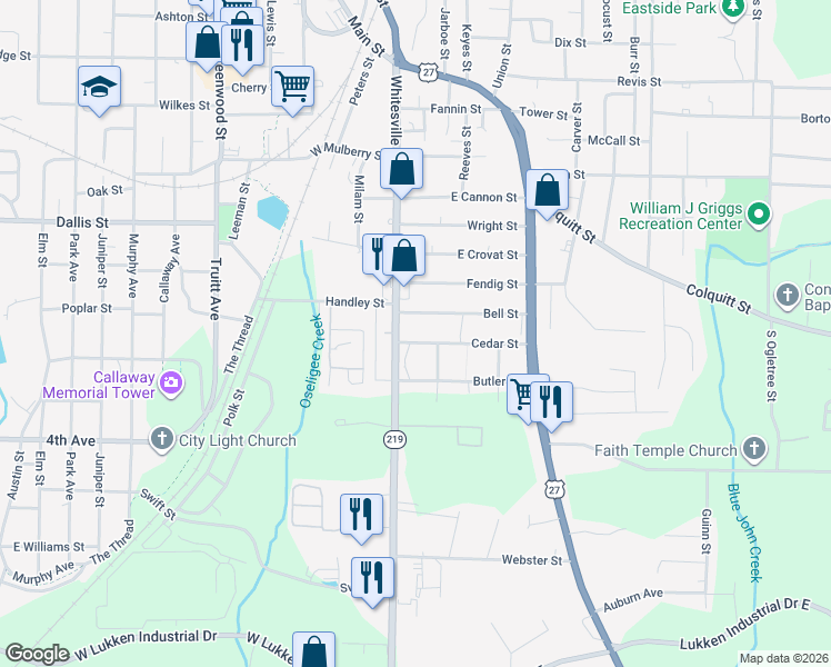 map of restaurants, bars, coffee shops, grocery stores, and more near 109 Cedar Street in LaGrange