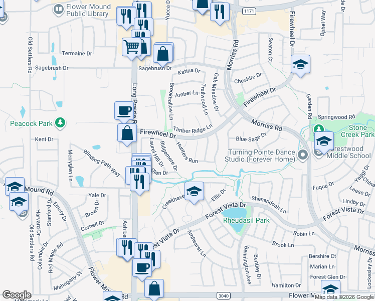 map of restaurants, bars, coffee shops, grocery stores, and more near 2412 Hunters Run in Flower Mound