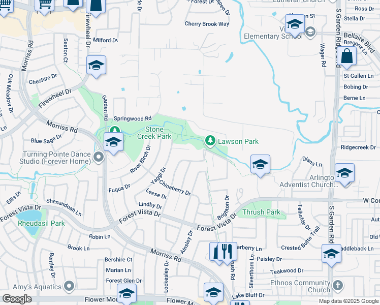 map of restaurants, bars, coffee shops, grocery stores, and more near 1425 Mimosa Court in Flower Mound
