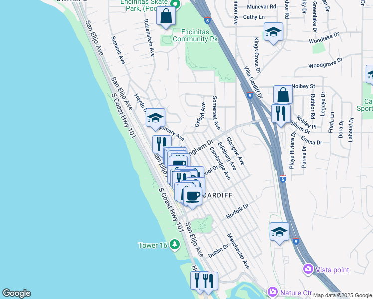 map of restaurants, bars, coffee shops, grocery stores, and more near 1973 Manchester Avenue in Encinitas