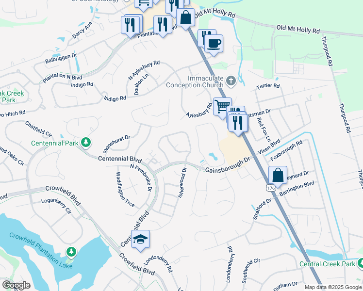 map of restaurants, bars, coffee shops, grocery stores, and more near 102 Lancaster Court in Goose Creek