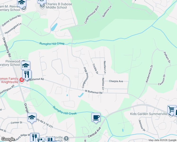 map of restaurants, bars, coffee shops, grocery stores, and more near 1005 Shinnecock Hills Court in Summerville