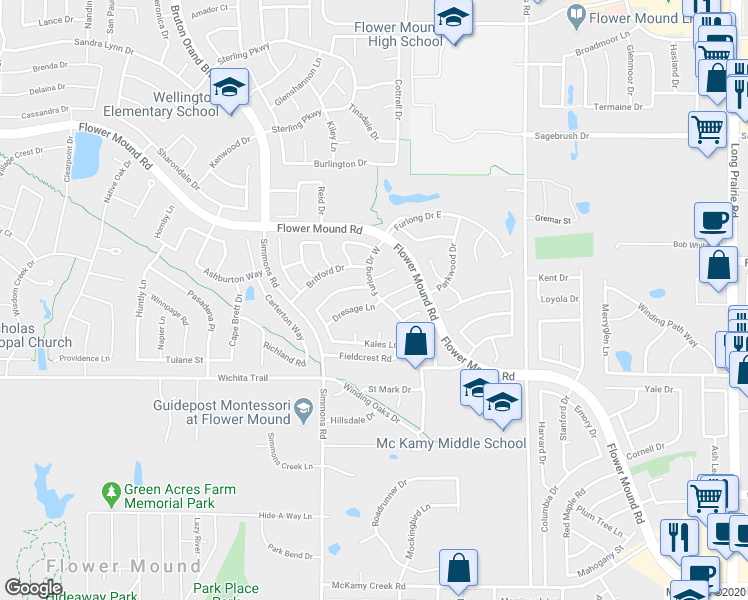 map of restaurants, bars, coffee shops, grocery stores, and more near 3608 Dresage Lane in Flower Mound