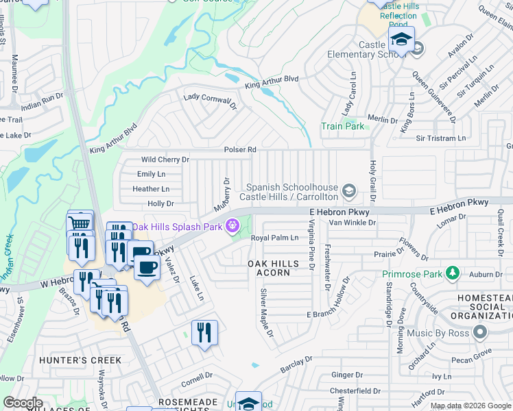 map of restaurants, bars, coffee shops, grocery stores, and more near 4200 Rolling Oaks Drive in Carrollton
