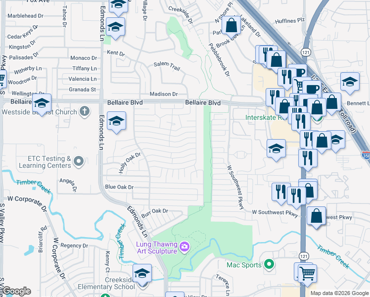 map of restaurants, bars, coffee shops, grocery stores, and more near 718 Mockingbird Drive in Lewisville