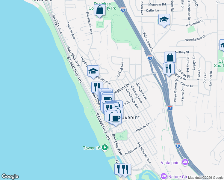 map of restaurants, bars, coffee shops, grocery stores, and more near 240 Birmingham Drive in Encinitas