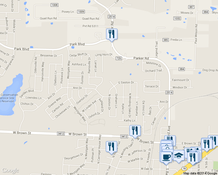 map of restaurants, bars, coffee shops, grocery stores, and more near 511 North Gaston Drive in Wylie
