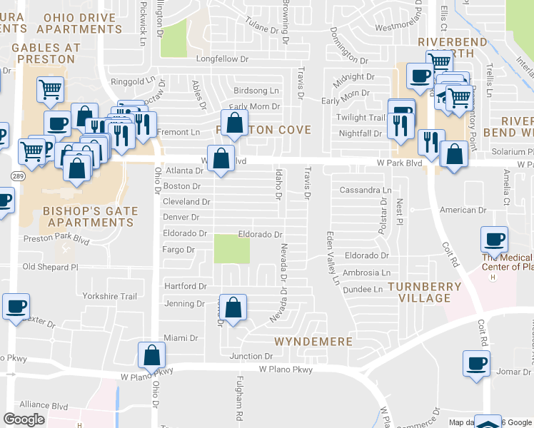 map of restaurants, bars, coffee shops, grocery stores, and more near 4409 Denver Drive in Plano