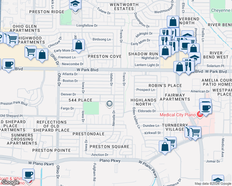 map of restaurants, bars, coffee shops, grocery stores, and more near 4317 Denver Drive in Plano