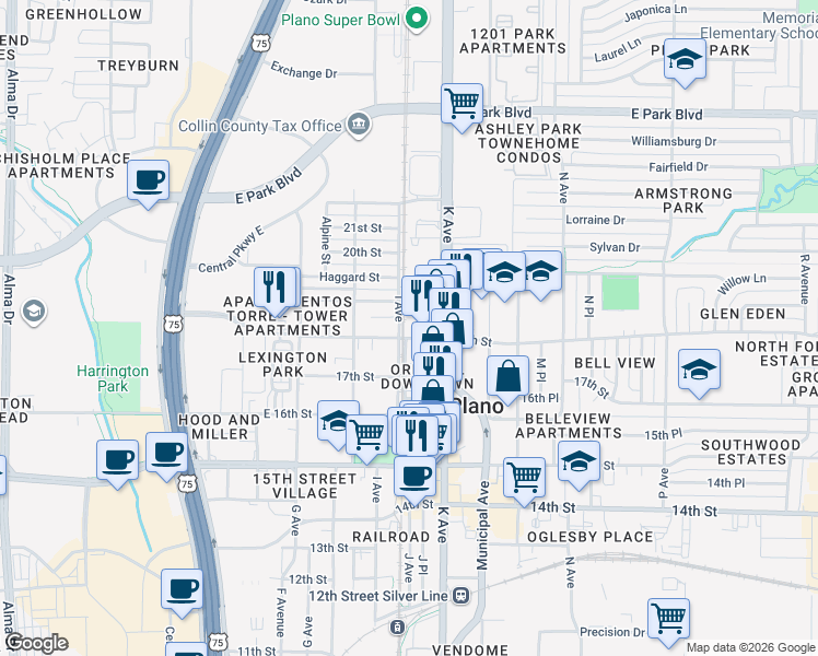 map of restaurants, bars, coffee shops, grocery stores, and more near 1001 18th Street in Plano