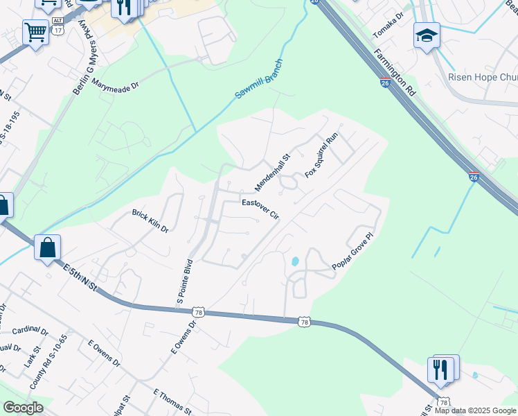 map of restaurants, bars, coffee shops, grocery stores, and more near 409 Eastover Circle in Summerville