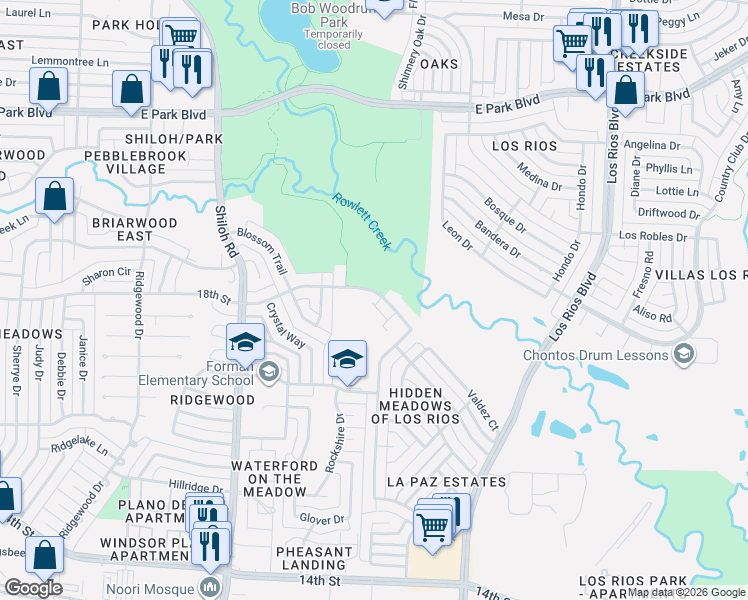 map of restaurants, bars, coffee shops, grocery stores, and more near 3800 18th Street in Plano
