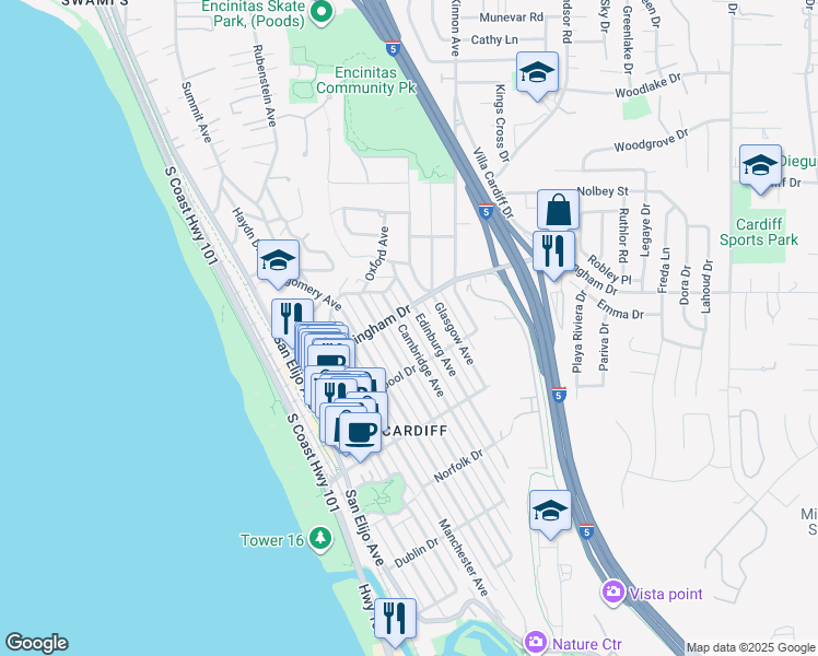 map of restaurants, bars, coffee shops, grocery stores, and more near 2033 Cambridge Avenue in Encinitas