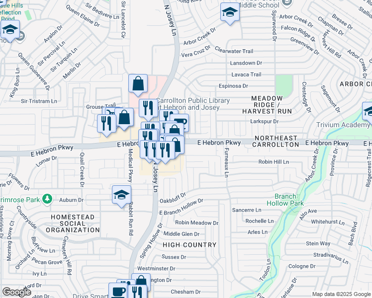 map of restaurants, bars, coffee shops, grocery stores, and more near 1930 East Hebron Parkway in Carrollton