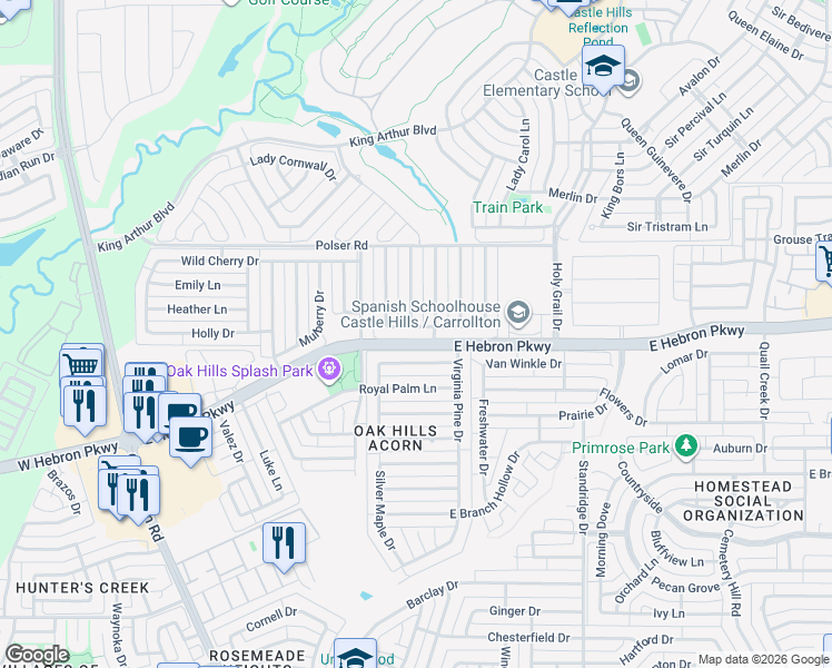 map of restaurants, bars, coffee shops, grocery stores, and more near 1314 Willow Wood Drive in Carrollton