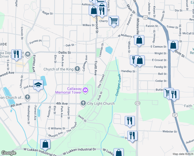 map of restaurants, bars, coffee shops, grocery stores, and more near 1006 Dunson Street in LaGrange