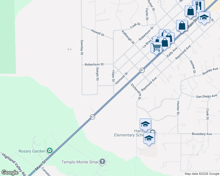 map of restaurants, bars, coffee shops, grocery stores, and more near Vermont Street in Ramona