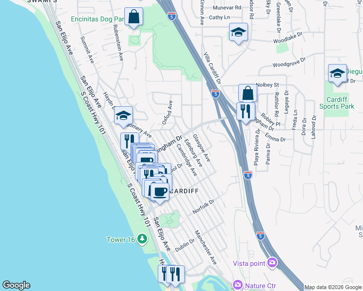 map of restaurants, bars, coffee shops, grocery stores, and more near 2033 Cambridge Avenue in Encinitas