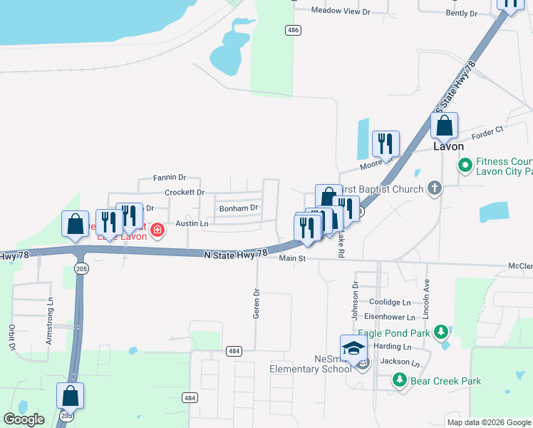 map of restaurants, bars, coffee shops, grocery stores, and more near 603 Austin Lane in Lavon