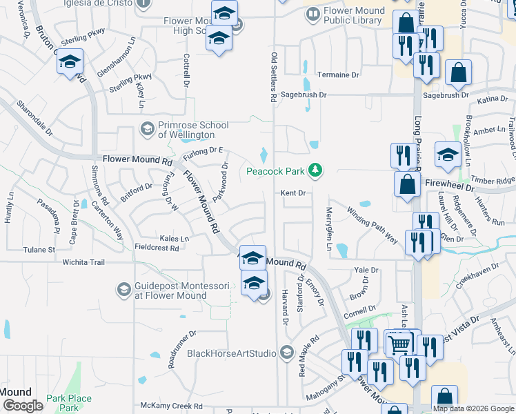 map of restaurants, bars, coffee shops, grocery stores, and more near 2816 Parkhaven Drive in Flower Mound