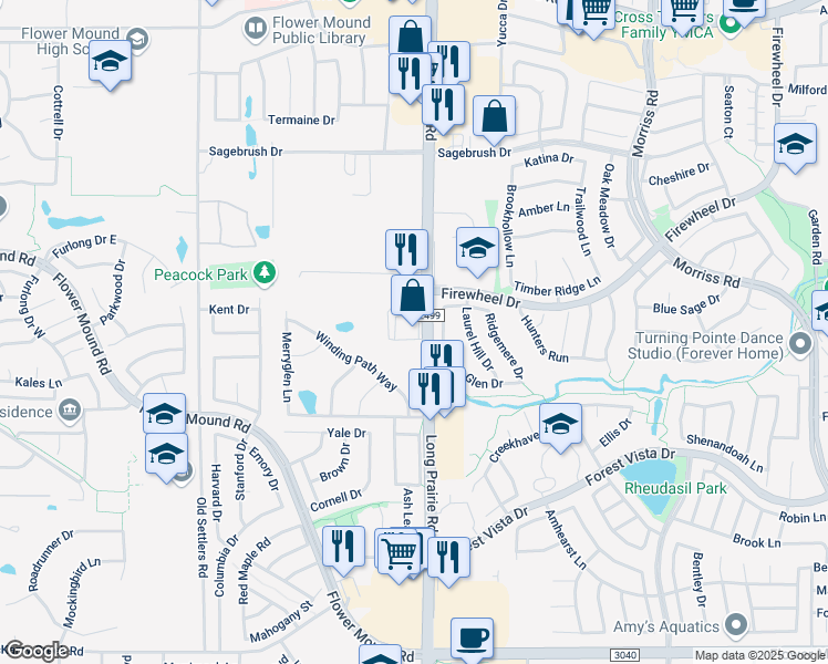 map of restaurants, bars, coffee shops, grocery stores, and more near 2901 Long Prairie Road in Flower Mound