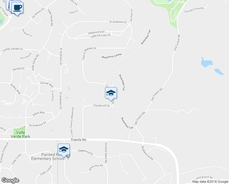 map of restaurants, bars, coffee shops, grocery stores, and more near 17159 Tam O Shanter Drive in Poway