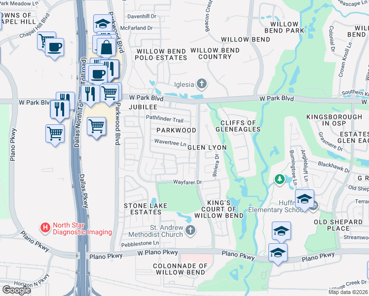 map of restaurants, bars, coffee shops, grocery stores, and more near 5804 Wavertree Lane in Plano