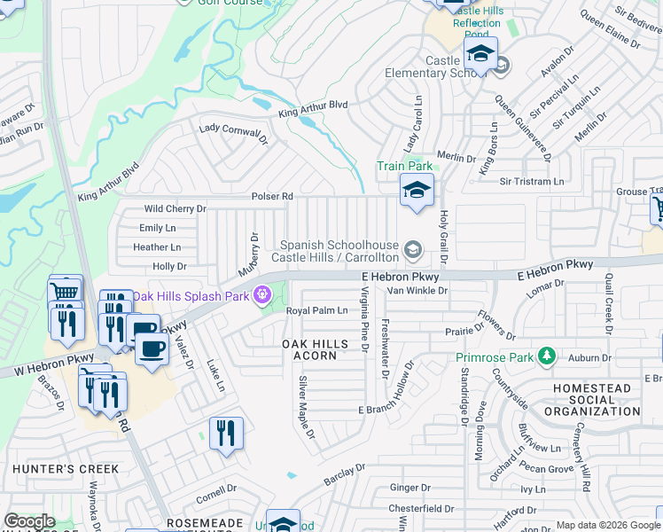 map of restaurants, bars, coffee shops, grocery stores, and more near 1314 Willow Wood Drive in Carrollton
