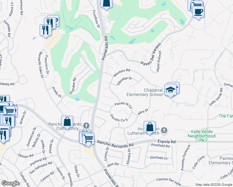 map of restaurants, bars, coffee shops, grocery stores, and more near 17283 Montero Road in San Diego