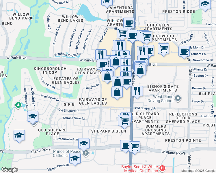 map of restaurants, bars, coffee shops, grocery stores, and more near 1805 Preston Rd in Plano