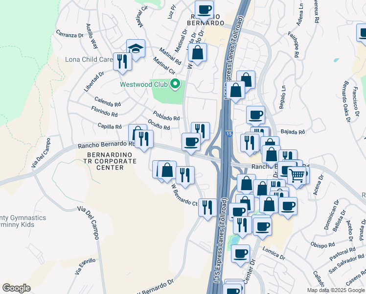map of restaurants, bars, coffee shops, grocery stores, and more near 17017 Botero Drive in San Diego