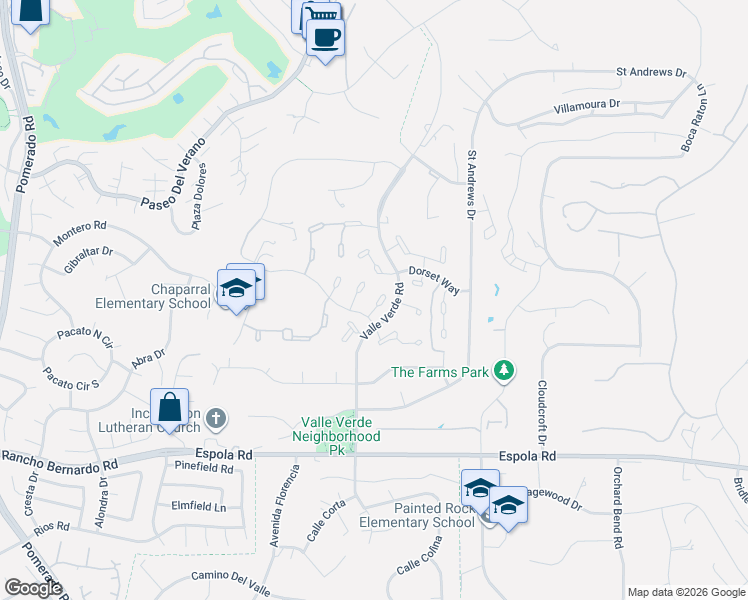 map of restaurants, bars, coffee shops, grocery stores, and more near 17205 Vendor Place in Poway