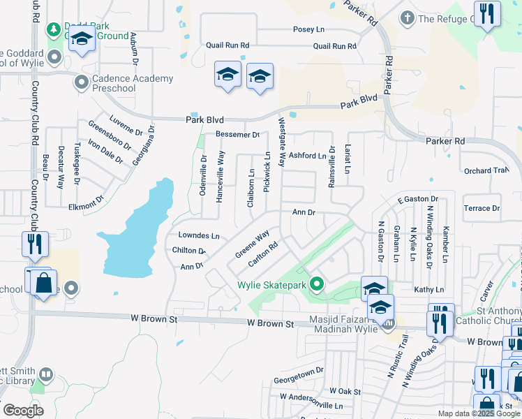 map of restaurants, bars, coffee shops, grocery stores, and more near 600 Claiborn Lane in Wylie