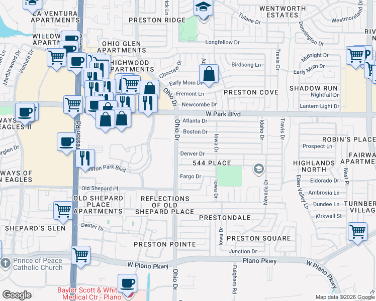 map of restaurants, bars, coffee shops, grocery stores, and more near 4544 Denver Drive in Plano
