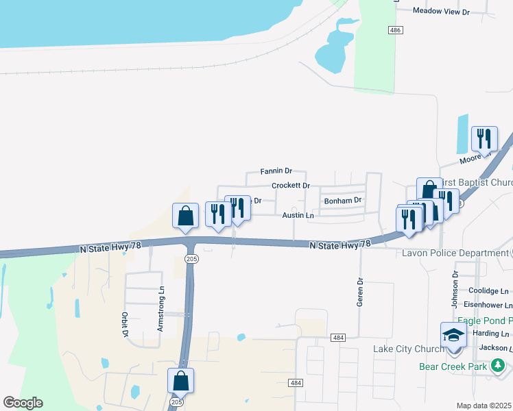 map of restaurants, bars, coffee shops, grocery stores, and more near 848 Bowie Drive in Lavon