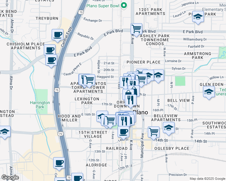 map of restaurants, bars, coffee shops, grocery stores, and more near 909 18th St in Plano