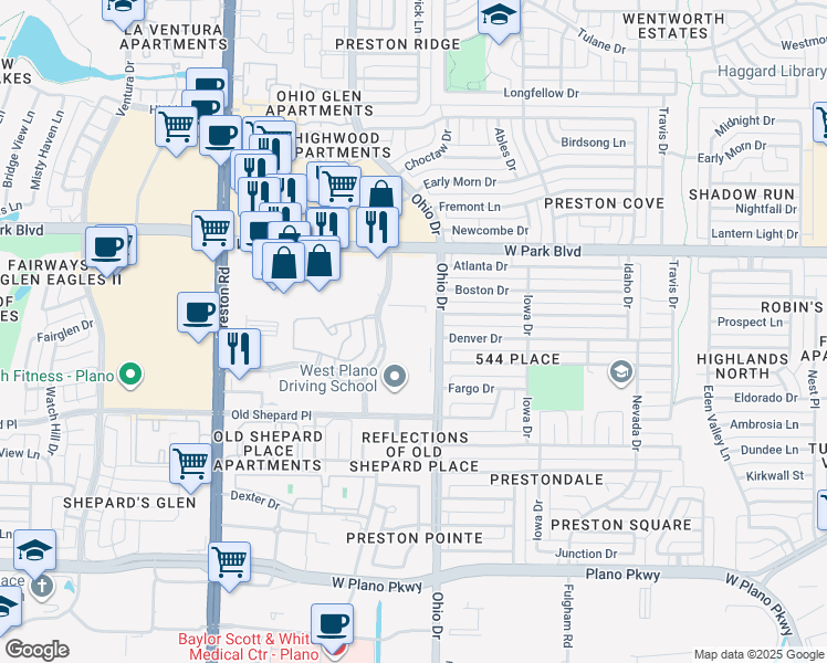 map of restaurants, bars, coffee shops, grocery stores, and more near 1820 Preston Park Boulevard in Plano