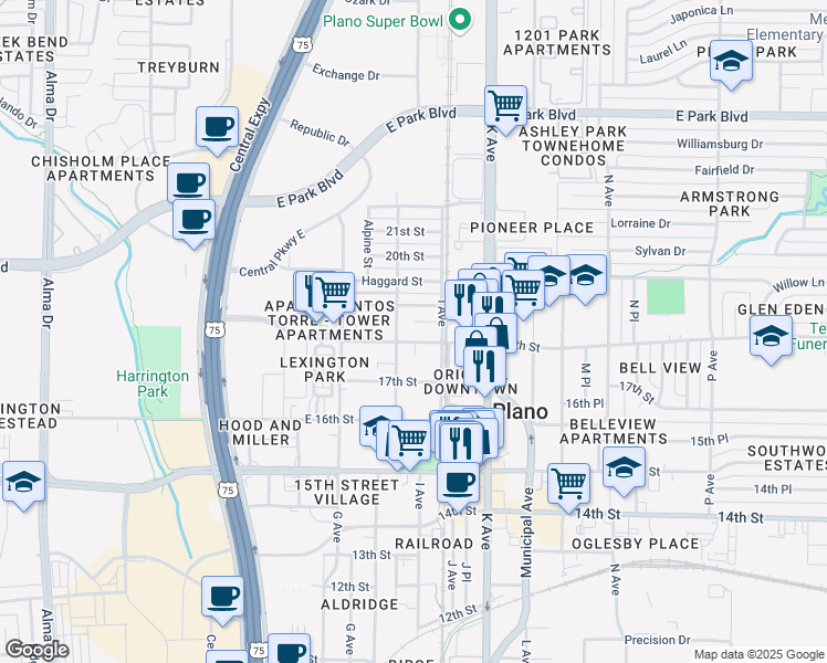 map of restaurants, bars, coffee shops, grocery stores, and more near 909 18th Street in Plano