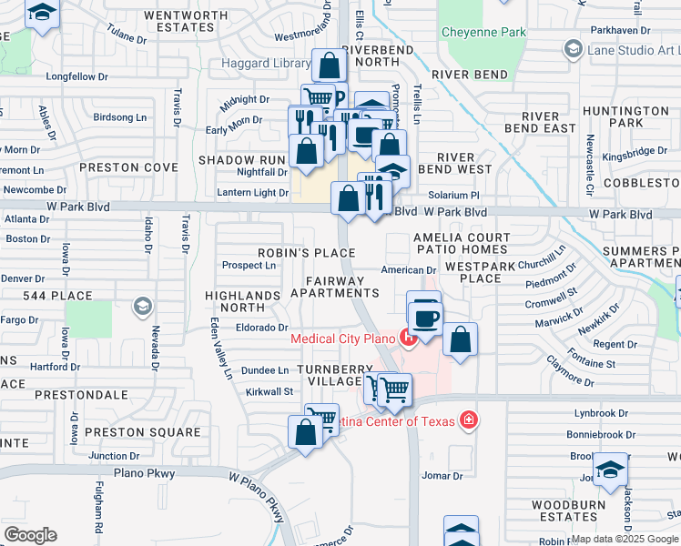 map of restaurants, bars, coffee shops, grocery stores, and more near 1705 Coit Road in Plano