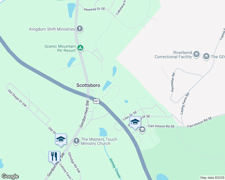 map of restaurants, bars, coffee shops, grocery stores, and more near 114 Twin Lakes Road Southeast in Milledgeville