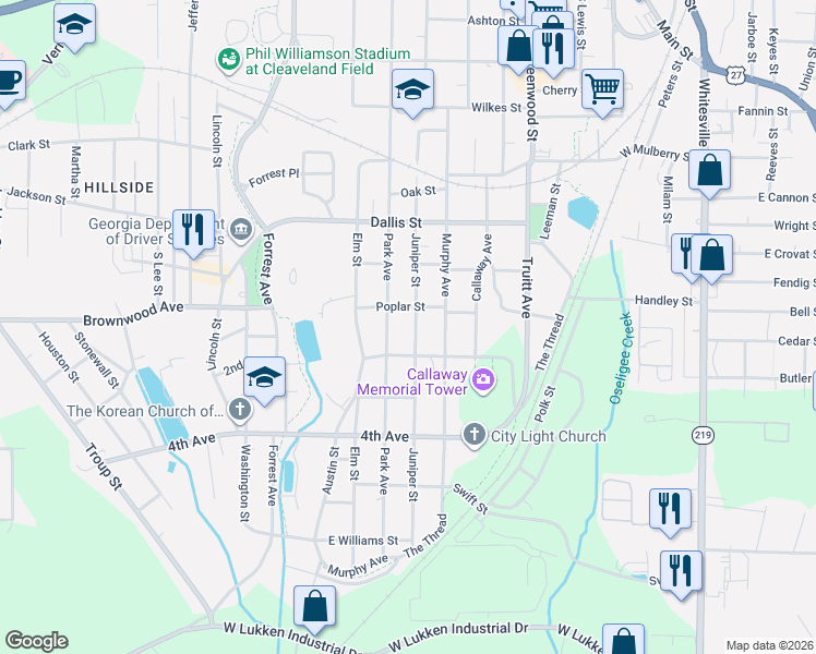 map of restaurants, bars, coffee shops, grocery stores, and more near 1007 Park Avenue in LaGrange
