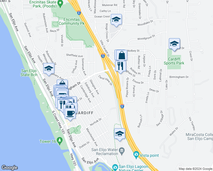 map of restaurants, bars, coffee shops, grocery stores, and more near 2134 Carol View Drive in Encinitas