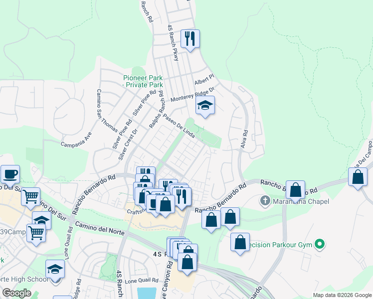 map of restaurants, bars, coffee shops, grocery stores, and more near 10543 Avenida Olinda in San Diego