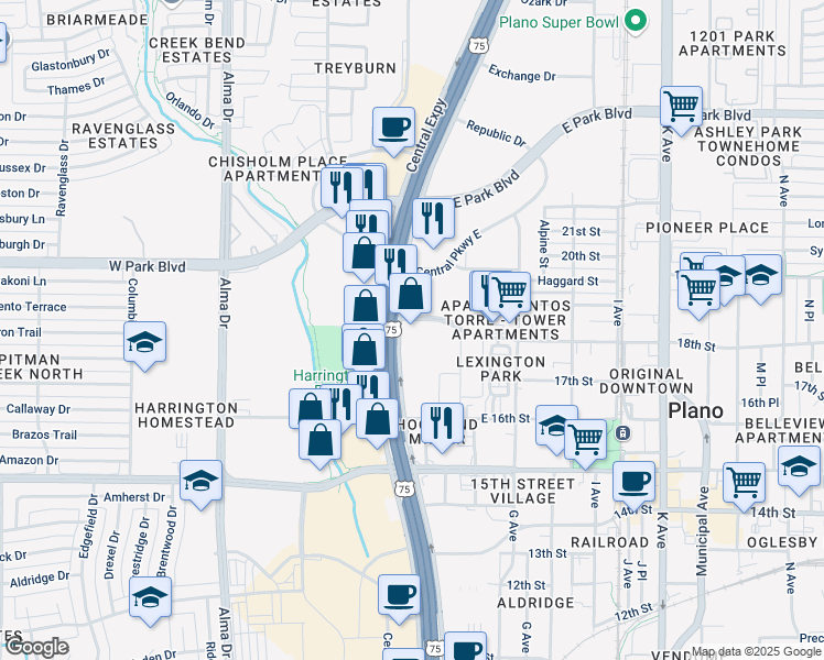 map of restaurants, bars, coffee shops, grocery stores, and more near 1708 N Central Expy in Plano