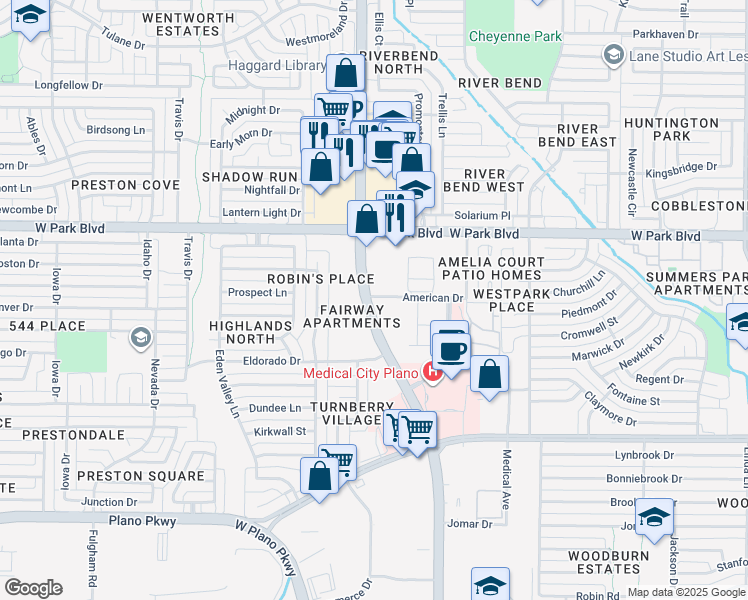 map of restaurants, bars, coffee shops, grocery stores, and more near 1708 American Drive in Plano